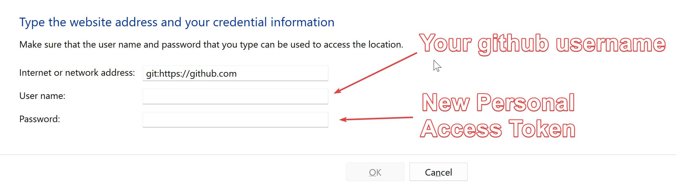 screenshot showing how to manually enter a generic credential for github in the Windows Credentials Manager.