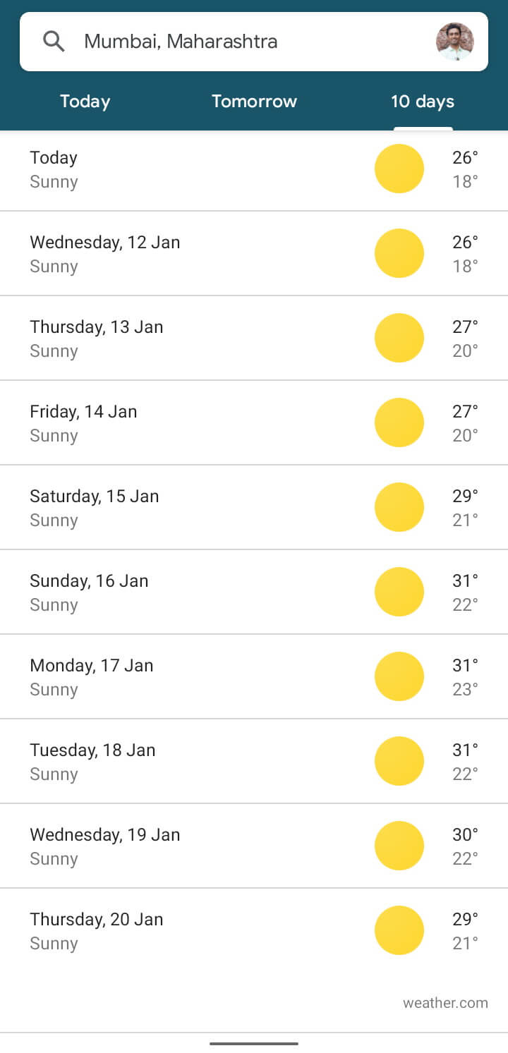 screenshot of the Weather App on Android illustrating its use of Weather.com's API