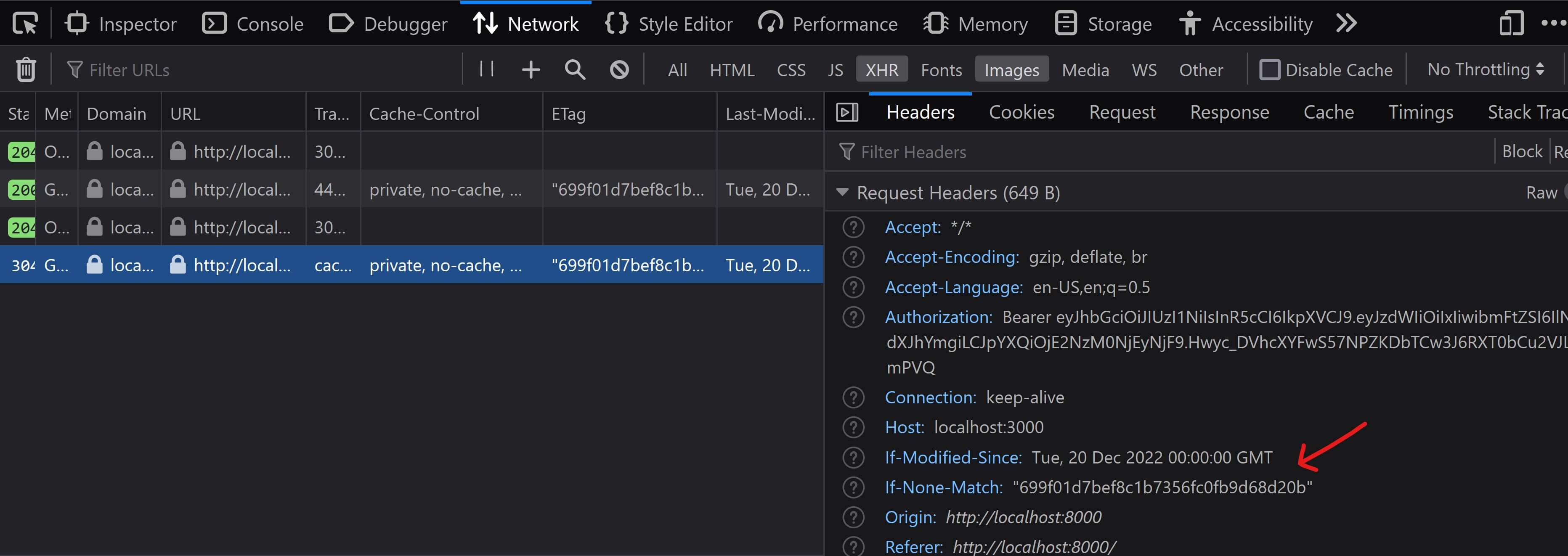 screenshot showing cache validators sent automatically in second request