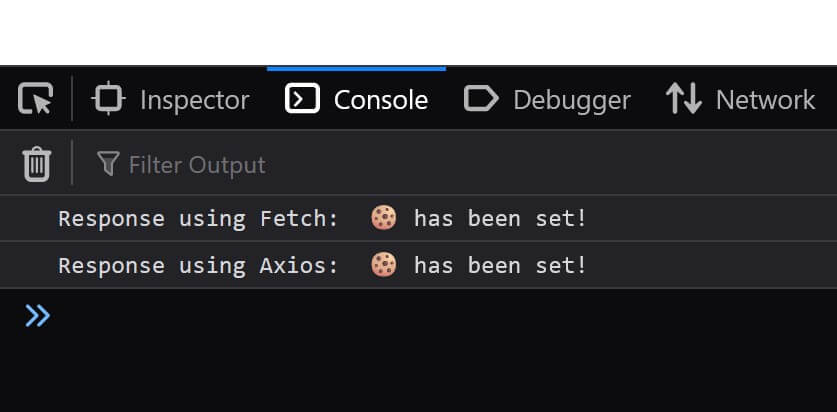 screenshot of Dev Tools Console tab showing log of Fetch API and Axios AJAX call.