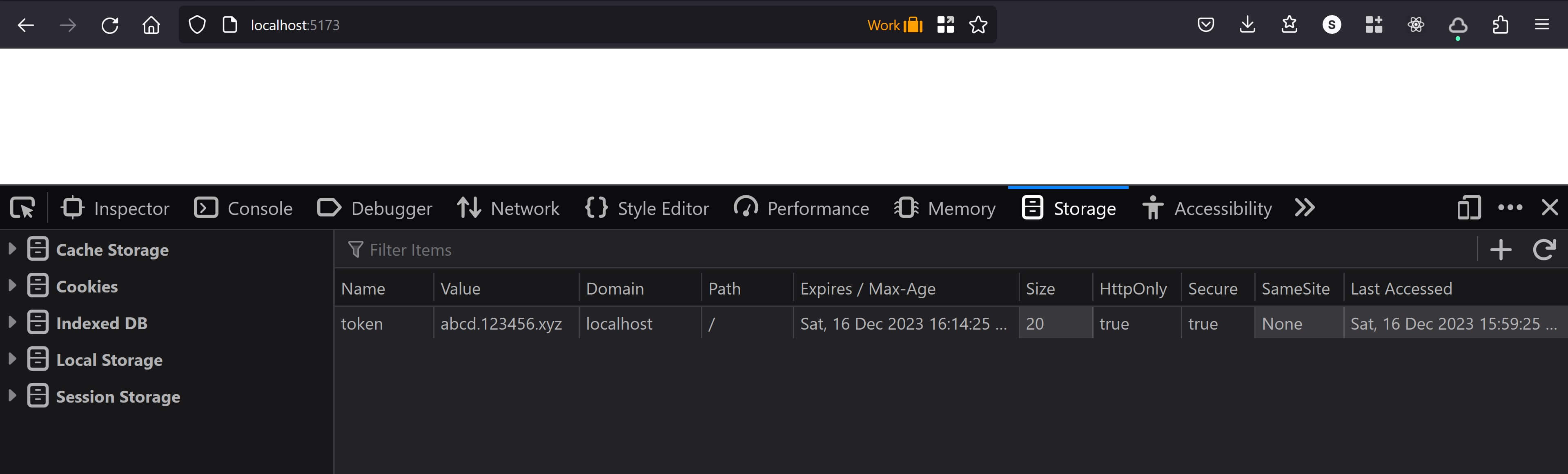 screenshot of Dev Tools showing the 'token' HTTPOnly cookie.