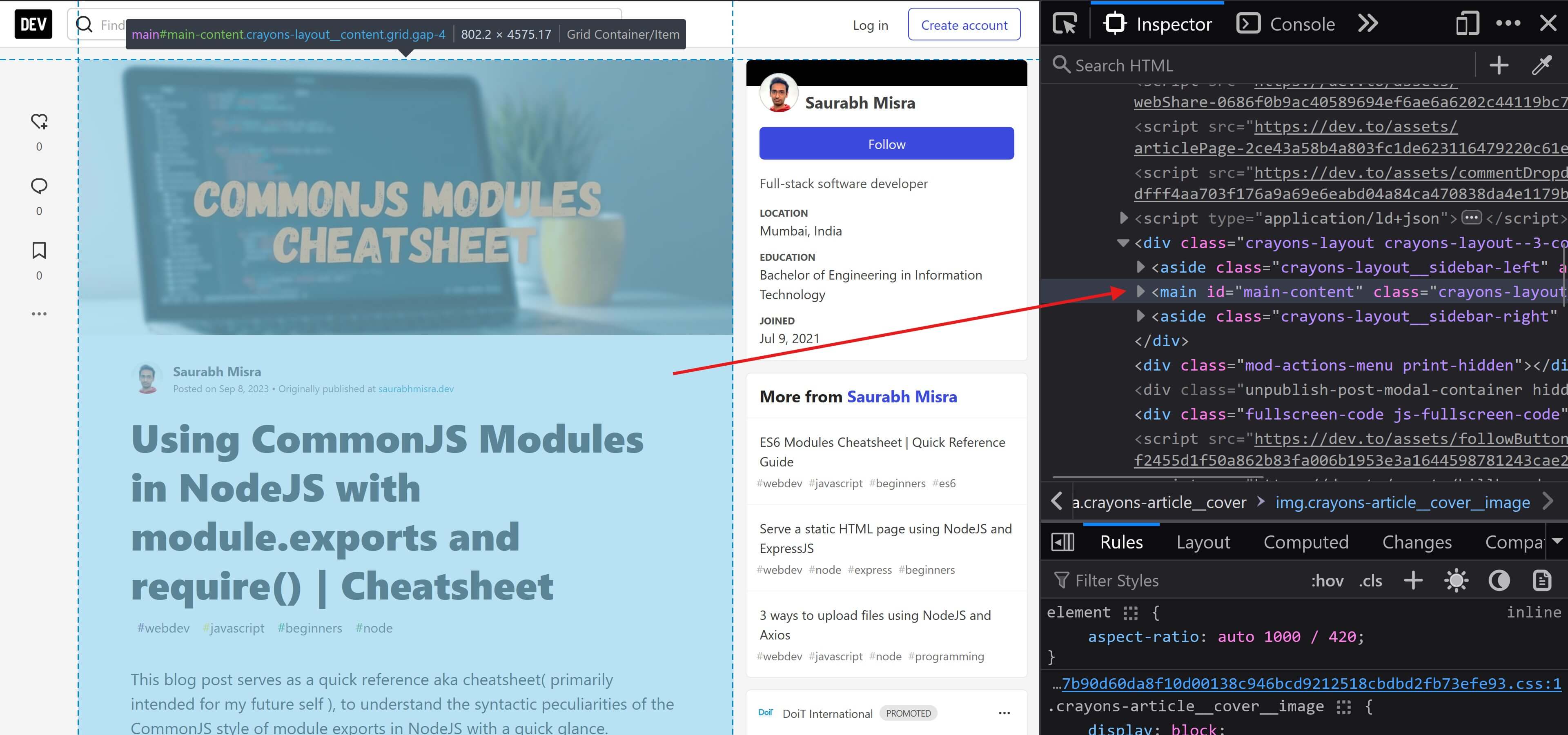browser screenshot showing the use of the main tag in a blog post page in the dev.to website.