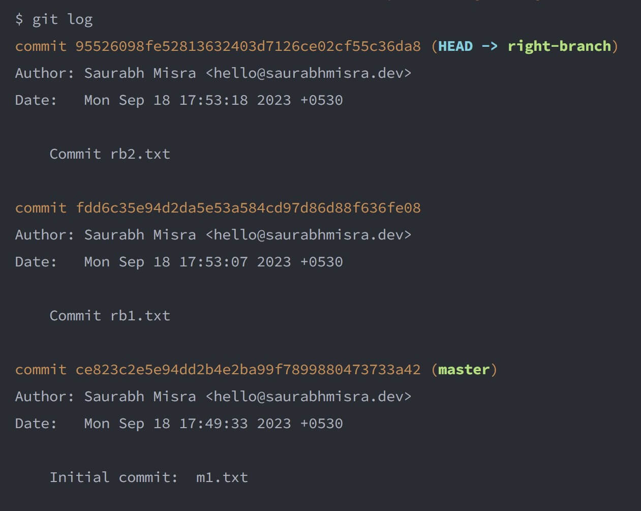 screenshot of the terminal window showing the output of the git log command and the initial state of the right-branch that has two commits.