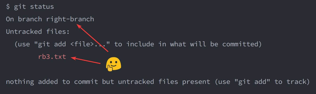 screenshot of the terminal window showing the output of the git status command after pop-ing the file rb3.txt from the stash and into the Working Copy area of the right-branch