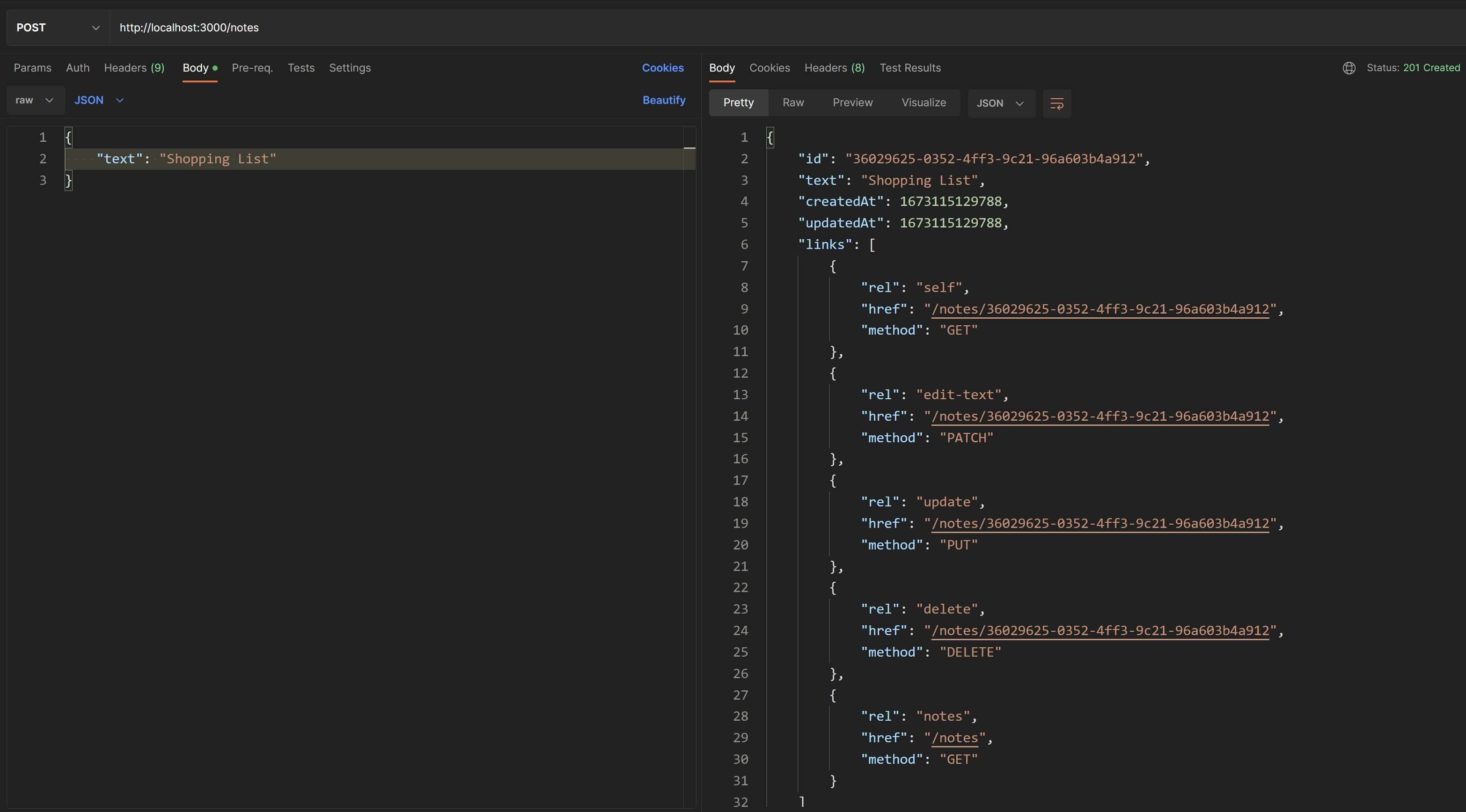 new links property in the response JSON of a POST request