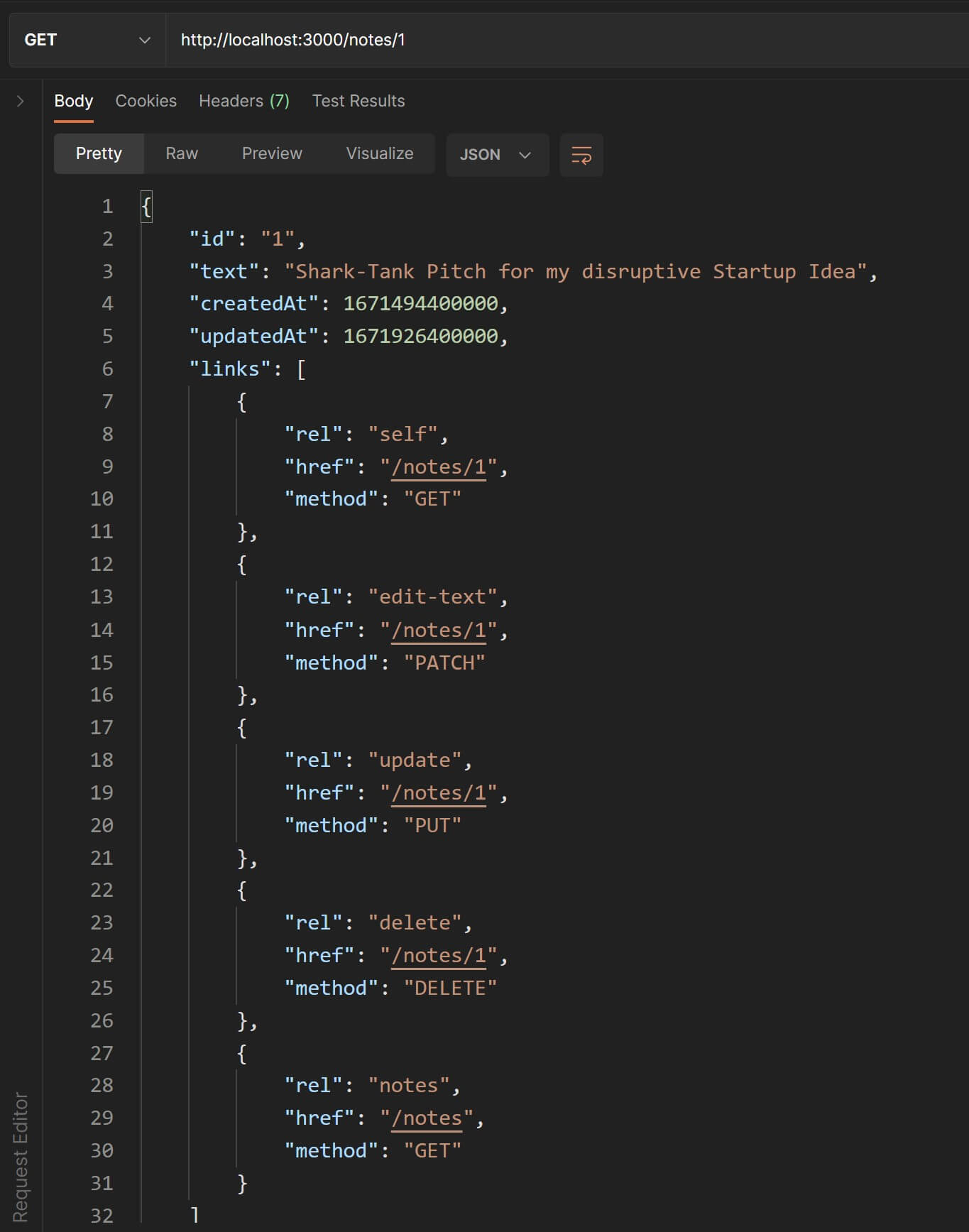 new links property in the response JSON of GET request to single note