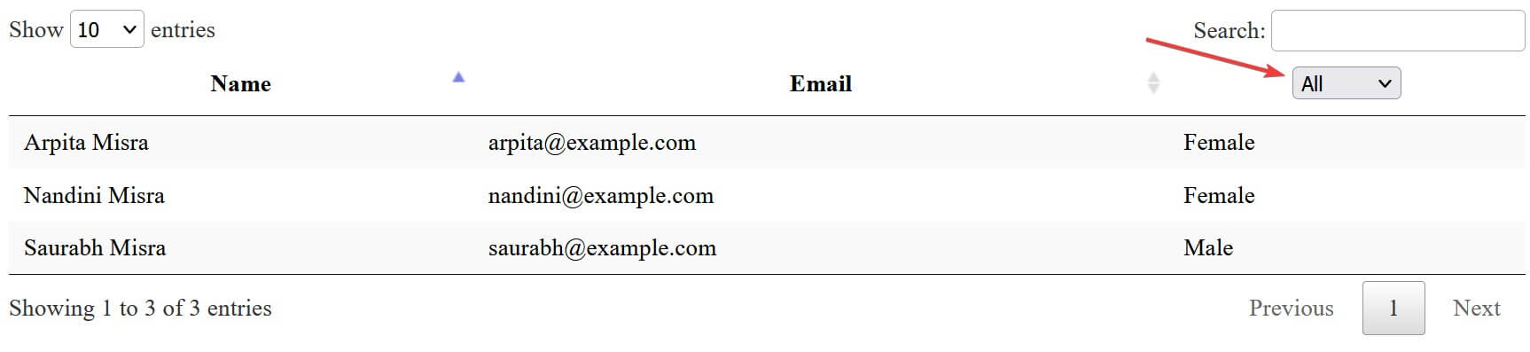 browser screenshot showing a jQuery DataTable with a dropdown in the header