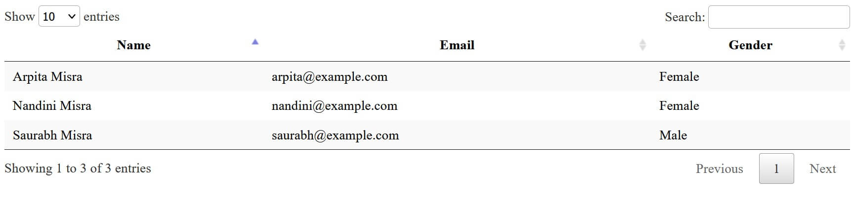 browser screenshot showing a jQuery DataTable with usual text headers