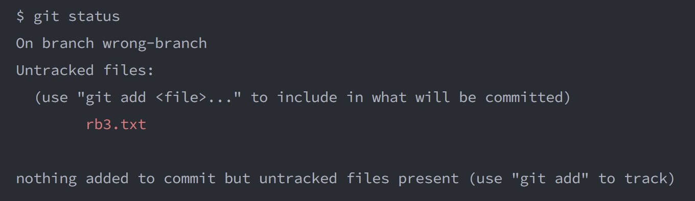 screenshot of the terminal window showing the output of the git status command after performing a mixed reset on the wrong-branch.