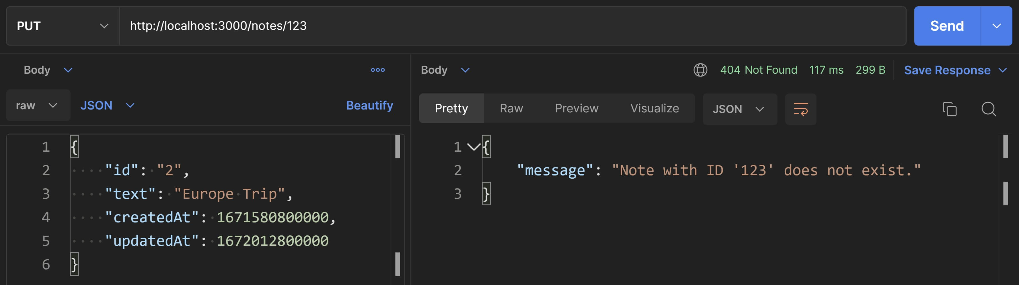 middleware returns 404 for PUT request when note does not exist