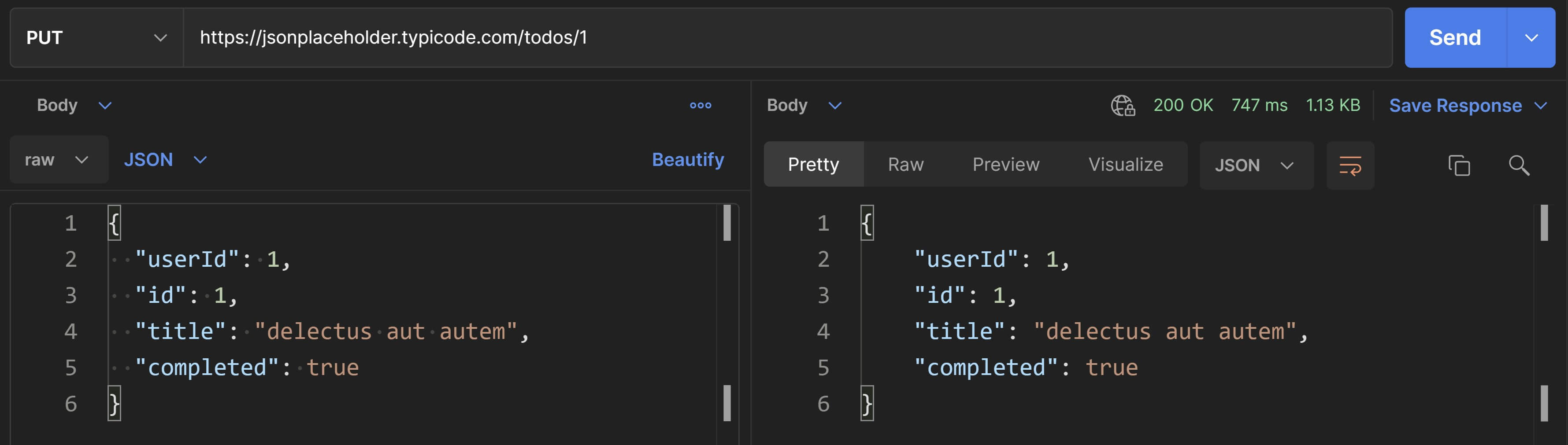 screenshot of the Postman app depicting the request and response of a sample PUT API call