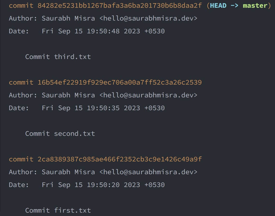 screenshot of the terminal window showing the output of the git log command and showing the example git repo in its initial state