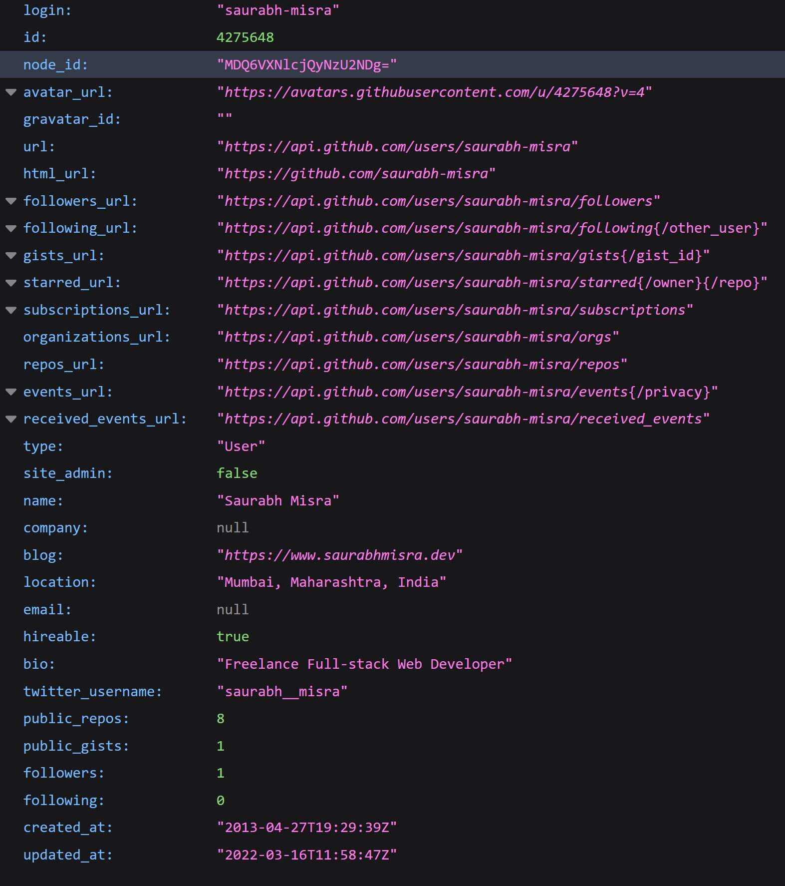 screenshot of the JSON response from the Github user profile API service