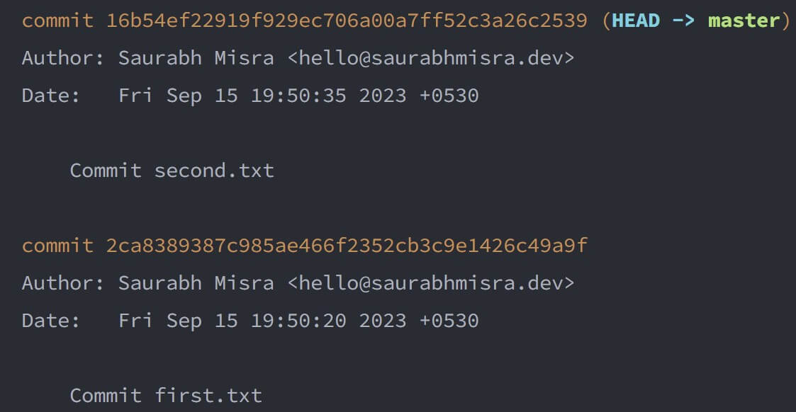 screenshot of the terminal window showing the output of the git log command after performing a soft reset