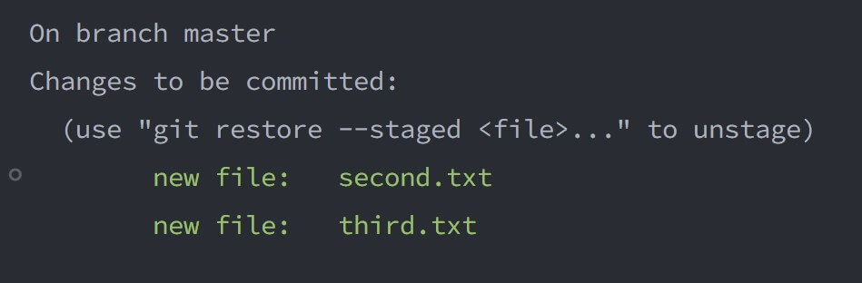 screenshot of the terminal window showing the output of the git status command after performing a soft reset on multiple commits