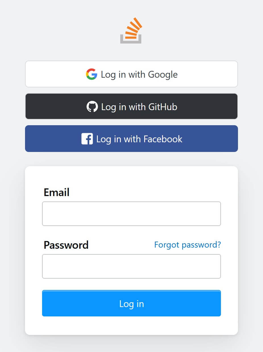 screenshot of stackoverflow.com login page with buttons for authenticating the user using Google, Facebook and Github REST APIs