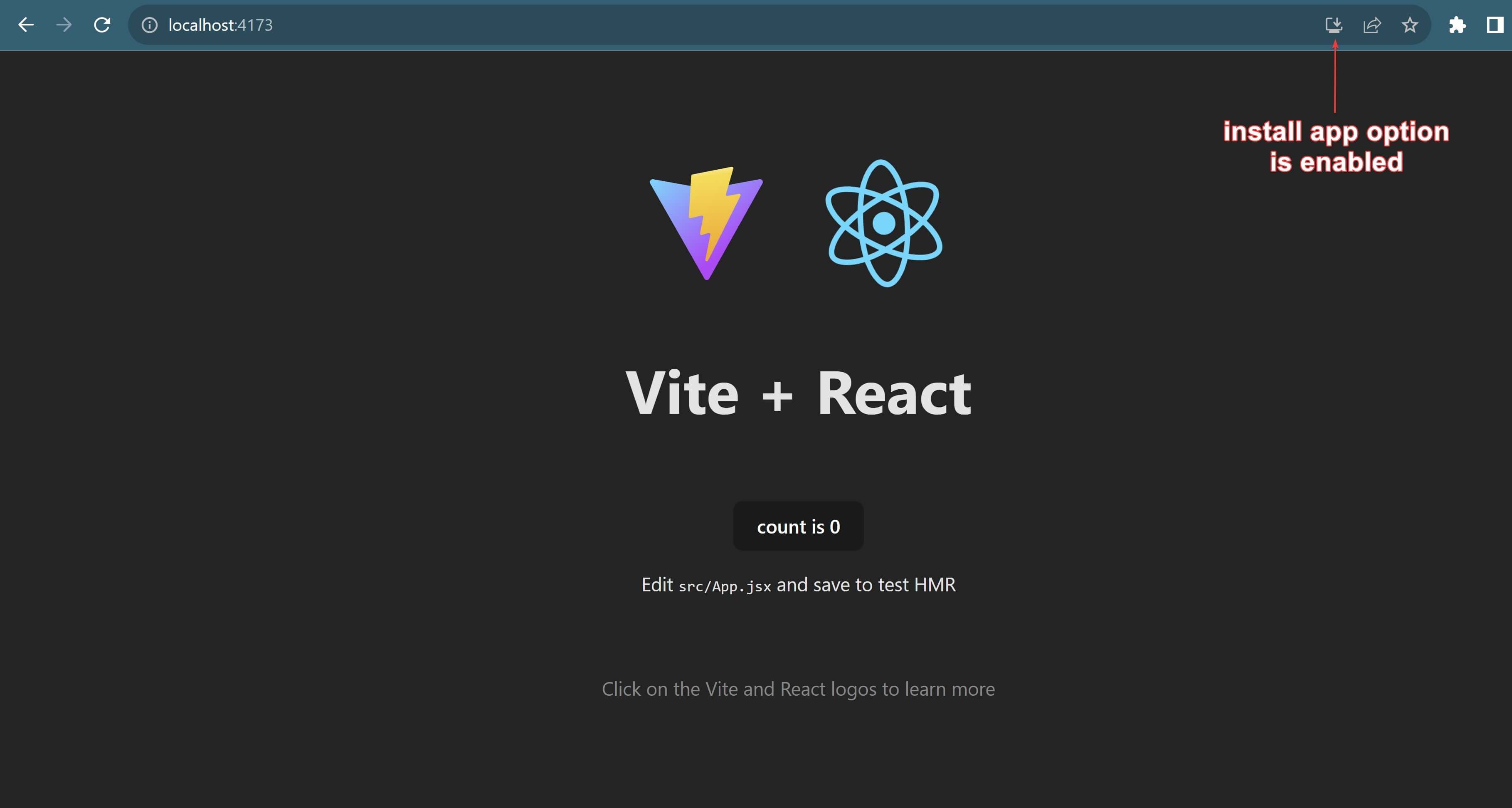 screenshot of the browser window showing the localhost Vite+React PWA app with an Install button.