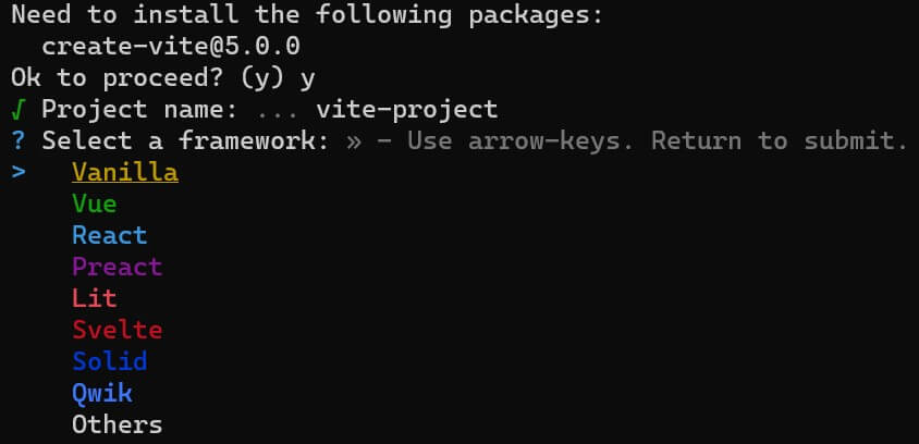 screenshot of Terminal window showing framework options while setting up a React project using Vite.