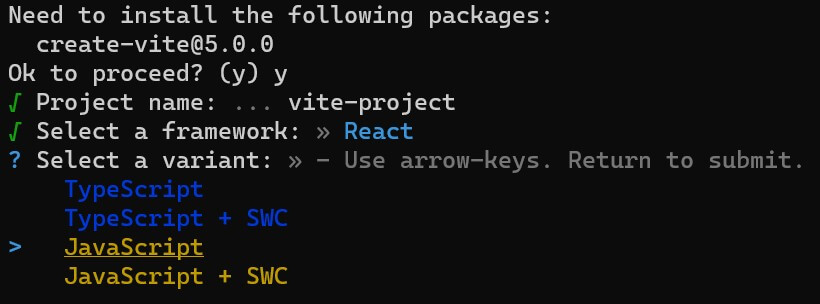 screenshot of Terminal window showing framework options while setting up a React project using Vite.