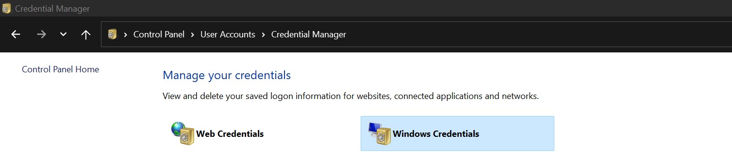 screenshot showing the Windows Credential Manager